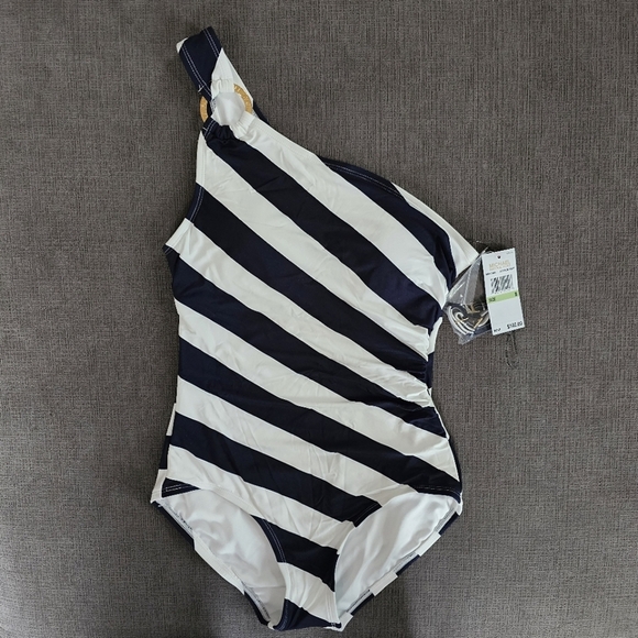NWT Michael Kors Women's Navy Striped One Shoulder One-Piece Swimsuit Size 8 - Picture 1 of 9